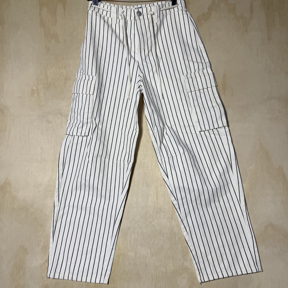 Future Collective Cargo Pants Women's Size 2 White Black Striped Wide Leg Unique